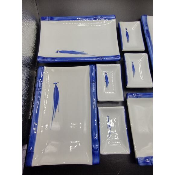 Japanese Traditional Porcelain Bamboo Plate Set Service of 4 ~ Blue & White - Picture 5 of 12